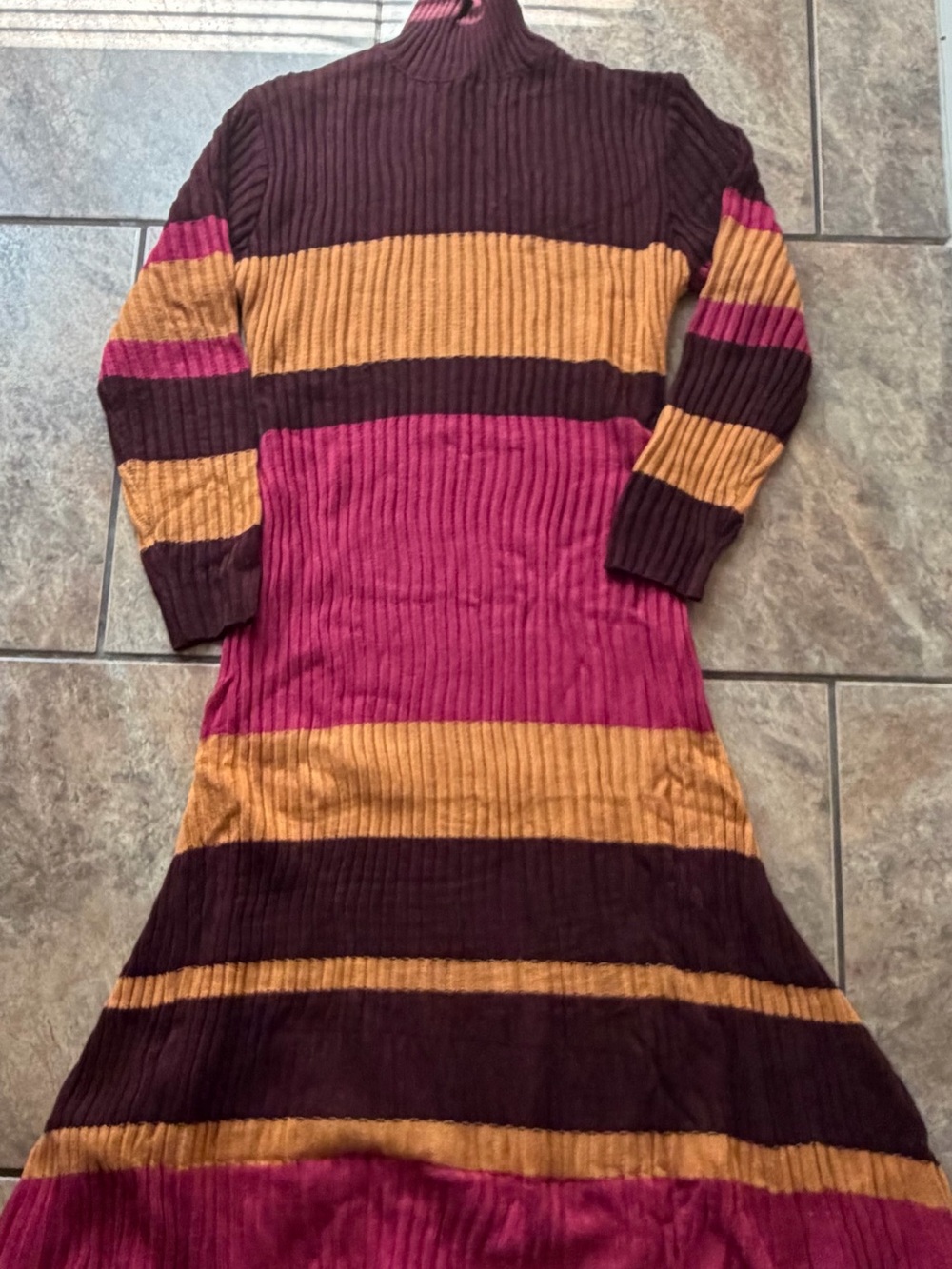 Women’s Ribbed Stripe Turtleneck Sweater Dress - Pink, Gold, Brown